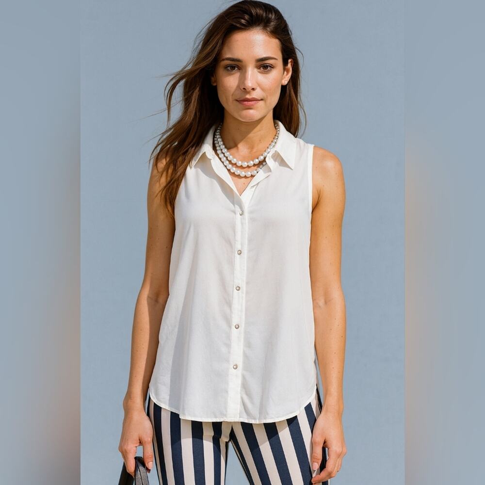 YA Los Angelas Cream Sleeveless Sheer Button Up Lightweight Blouse Sz L #142